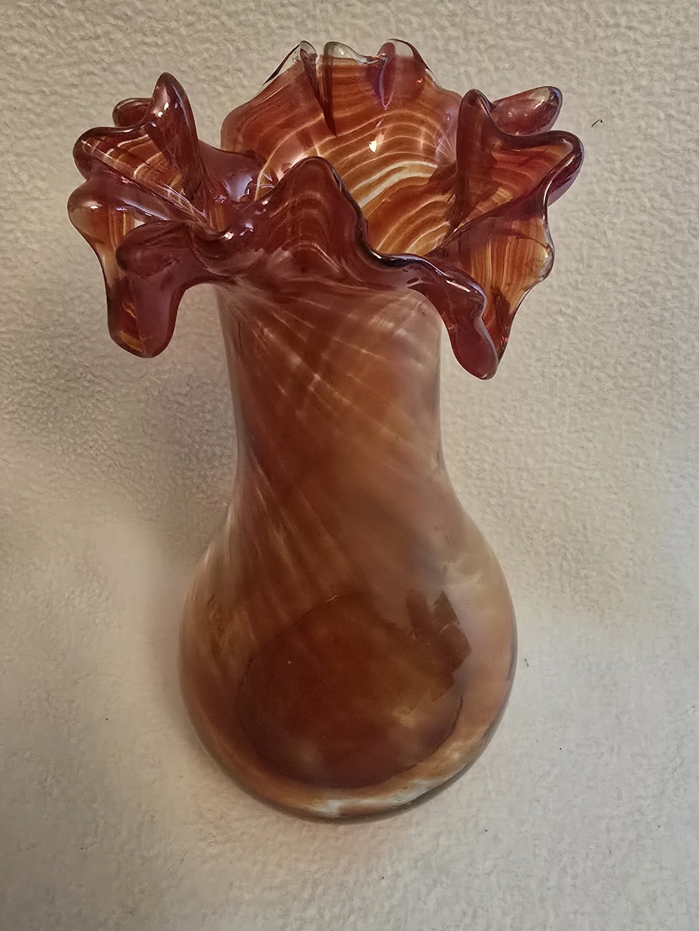 Vintage Amber and Burgundy Ruffled Art Glass Vase